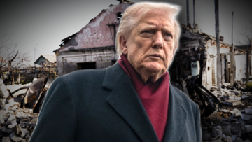 Donald Trump stoi przed zniszczonym budynkiem, symbolizującym wojnę.