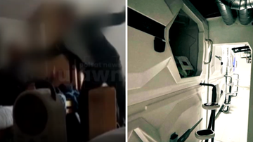 Dwa obrazy: lewy przedstawia rozmyte ujęcie agresywnego zachowania wobec osoby, prawy ukazuje wnętrze kapsuł mieszkalnych.