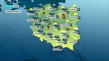 Mapa Polski z zaznaczonymi symbolami chmur, słońca i strzałkami wskazującymi kierunek wiatru oraz temperatury w stopniach Celsjusza w r&oacute;żnych miastach. Obraz przedstawia prognozę pogody na piątek rano.