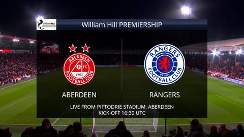 Ekran informacyjny na stadionie z logotypami drużyn Aberdeen FC i Rangers FC, informacją o meczu "William Hill PREMIERSHIP" oraz datą i godziną rozpoczęcia.