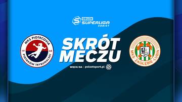 Logo Piotrcovii Piotrk&oacute;w Trybunalski i KGHM Zagłębia Lubin obok napisu "SKR&Oacute;T MECZU" i logotypu "SUPERLIGA KOBIET"