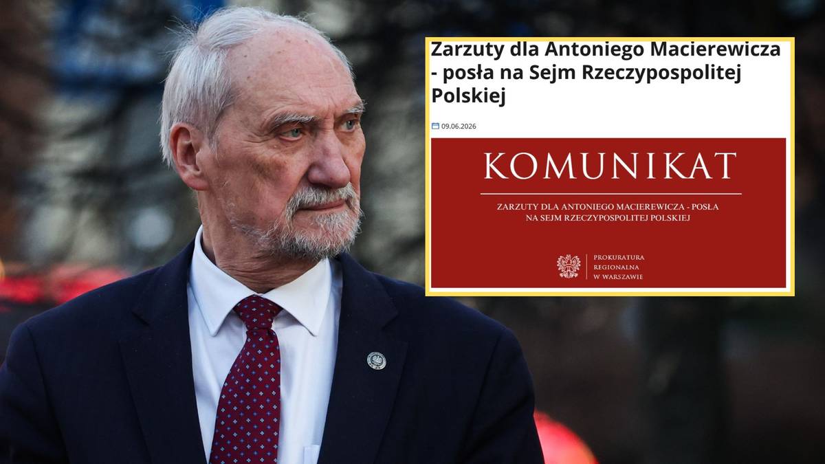 Portret Antoniego Macierewicza z plakietką informacyjną.