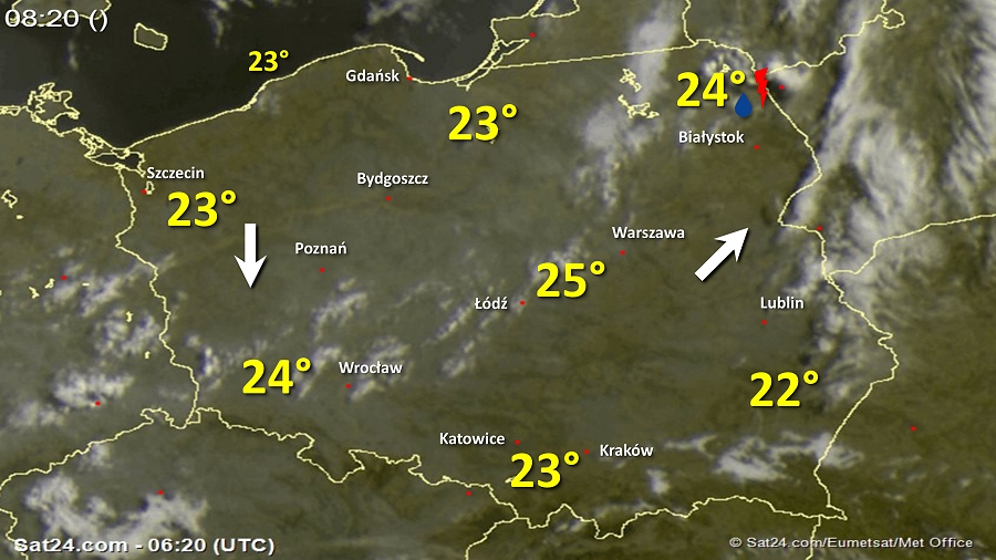Zdjęcie satelitarne Polski w dniu 3 sierpnia 2018 o godzinie 8:20. Dane: Sat24.com / Eumetsat.