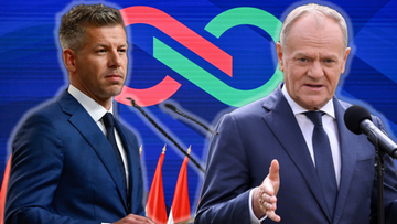 Peter Magyar i Donald Tusk na tle symboli politycznych