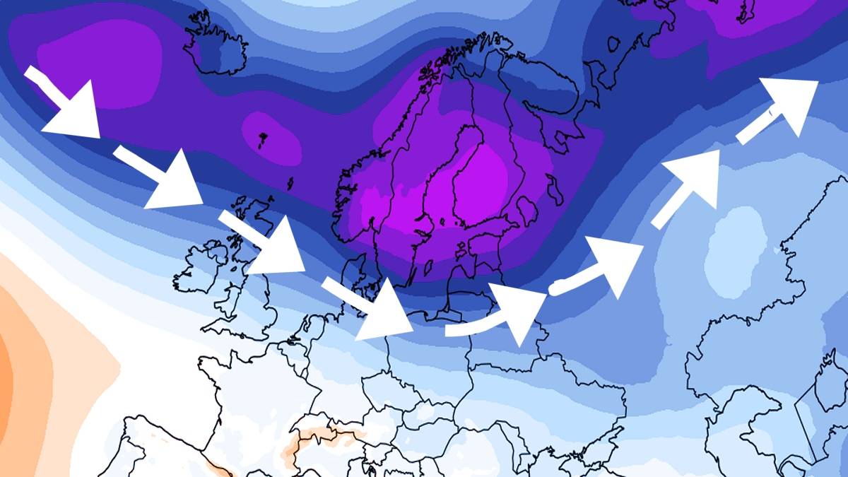 Strzałki wyznaczają kierunek wędrówki mokrych i chłodnych niżów znad Atlantyku. Fot. climatereanalyzer.org