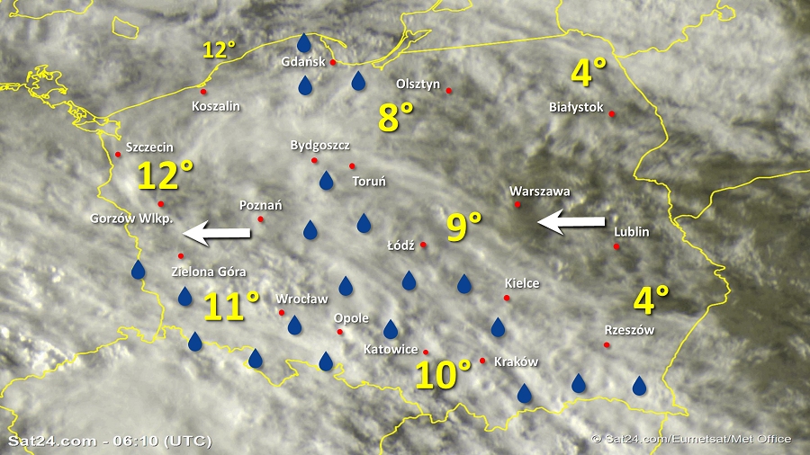 Zdjęcie satelitarne Polski w dniu 25 września 2019 o godzinie 8:10. Dane: Sat24.com / Eumetsat.