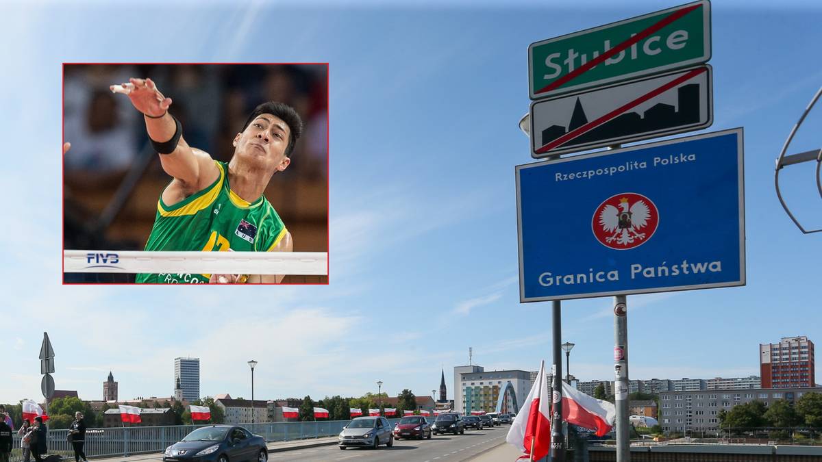 Siatkarz w zielono-żółtej koszulce z uniesioną ręką, obok znak graniczny Rzeczypospolitej Polskiej.