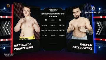 Dw&oacute;ch zawodnik&oacute;w sport&oacute;w walki, Krzysztof Zakrzewski po lewej i Kacper Grzybowski po prawej, stoi naprzeciwko siebie na ringu, prezentując się przed walką. Pomiędzy nimi znajduje się tablica z informacjami o walce i zawodnikach.