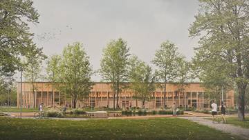 Wizualizacja nowoczesnej hali sportowej z widownią na 6000 miejsc, otoczonej zielenią.