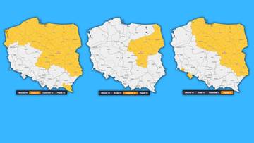 Trzy mapy Polski z zaznaczonymi obszarami ostrzeżeń meteorologicznych dotyczących marznących opad&oacute;w i gołoledzi.
