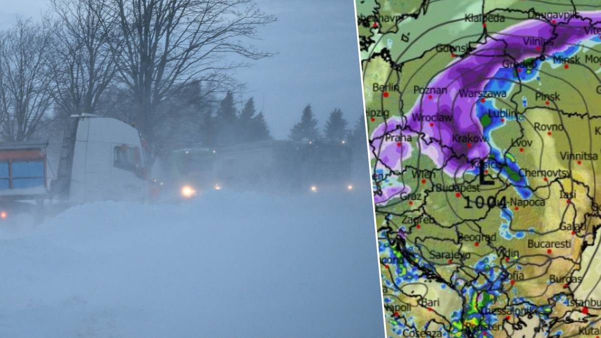 Zamazany obraz zimy z widocznymi pojazdami i drzewami w śnieżycy połączony z mapą synoptyczną pokazującą obszary intensywnych opadów śniegu w Polsce.