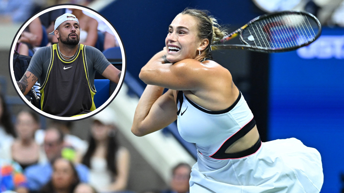Aryna Sabalenka grająca w tenisa, obok niej w mniejszym kadrze Nick Kyrgios.
