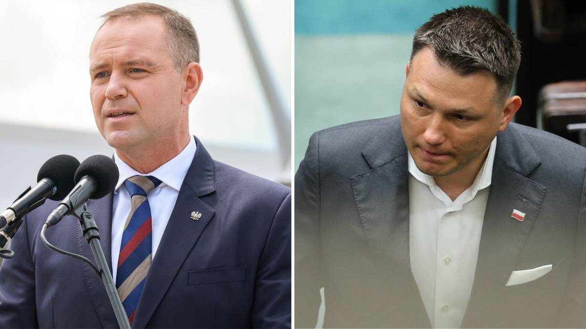 Dwie fotografie mężczyzn w garniturach. Po lewej mężczyzna w granatowym garniturze, białej koszuli i krawacie, mówiący do mikrofonów. Po prawej mężczyzna w ciemnej marynarce i białej koszuli, patrzący w dół.