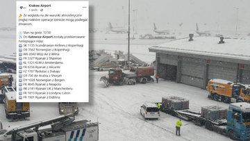 Lotnisko w Balicach podczas opad&oacute;w śniegu, pojazdy obsługi naziemnej i samoloty na tle terminala.