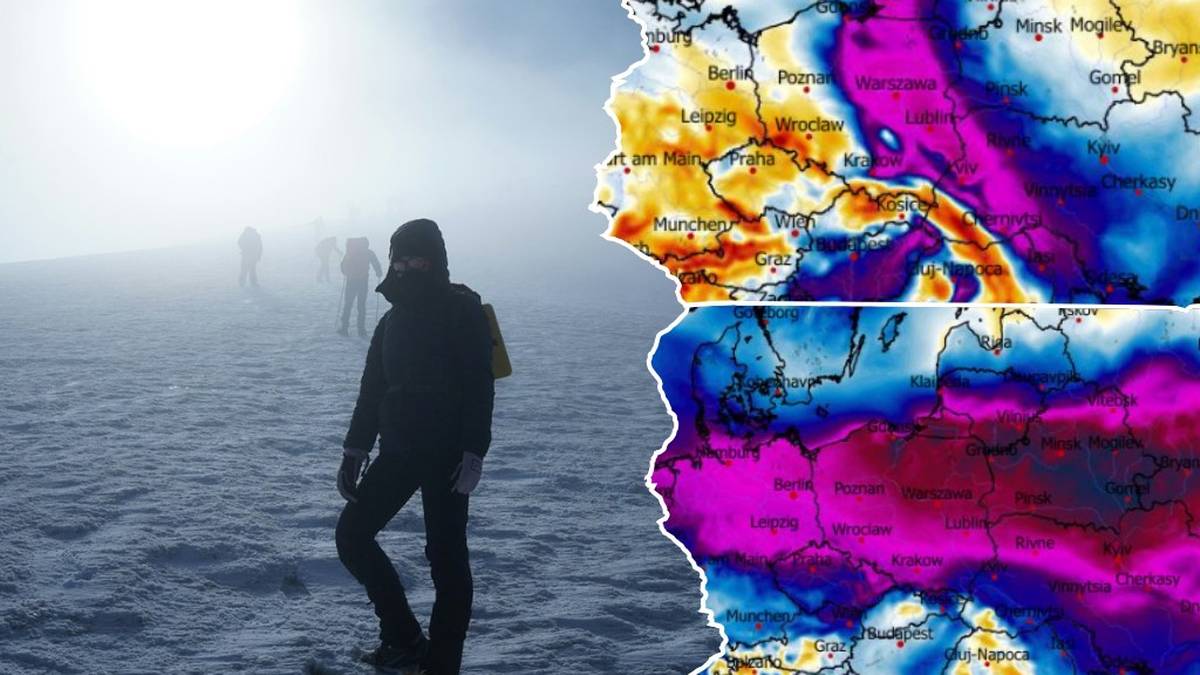 Mapa synoptyczna pokazująca niskie temperatury i osoba stojąca na śniegu.