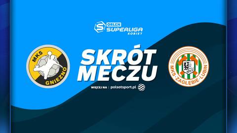Grafika z informacją o skr&oacute;cie meczu Enea MKS Gniezno - KGHM Zagłębie Lubin, z logotypami obu drużyn i napisem "SKR&Oacute;T MECZU".