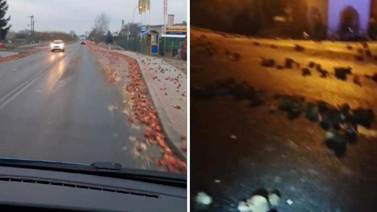 Jabłka i buraki zasypały drogi. Policja publikuje nagranie