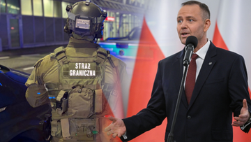 Twarzy ministra spraw wewnętrznych i administracji Marcina Kierwińskiego na tle flagi Polski, połączona z fragmentem zdjęcia funkcjonariusza Straży Granicznej w pełnym umundurowaniu.