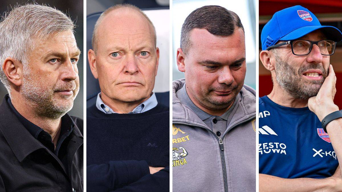 Cztery portrety mężczyzn, prawdopodobnie trenerów piłkarskich, przedstawione na czterech podzielonych polach.