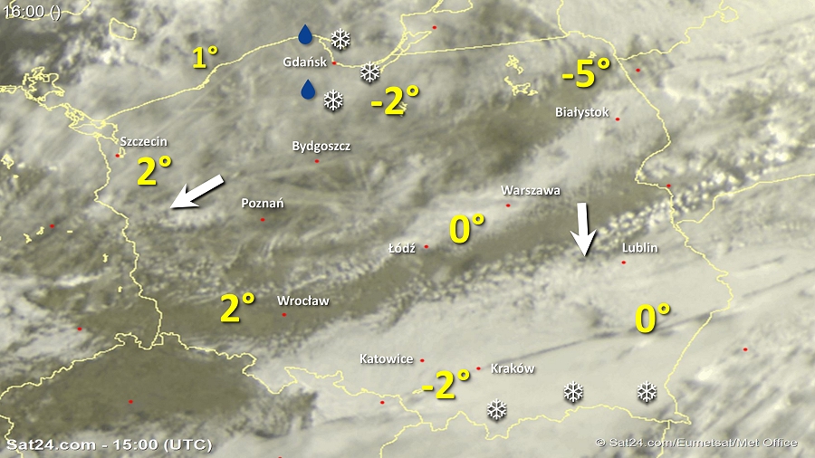 Zdjęcie satelitarne w dniu 21 lutego 2018 o godzinie 16:00. Dane: Sat24.com / Eumetsat.