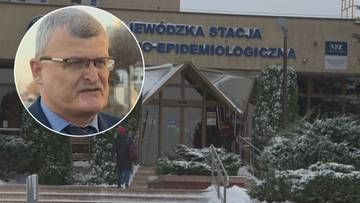 Portret mężczyzny w okularach nałożony na zdjęcie budynku stacji sanitarno-epidemiologicznej.