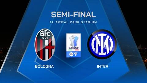 Logo Bologna FC i Inter Mediolan obok symbolu Superpucharu Włoch, z napisem "SEMI-FINAL" i nazwą stadionu "AL AWWAL PARK STADIUM".