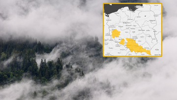Mapa Polski z zaznaczonymi obszarami zagrożenia mgłą, na tle widać zalesione wzgórza spowite mgłą.