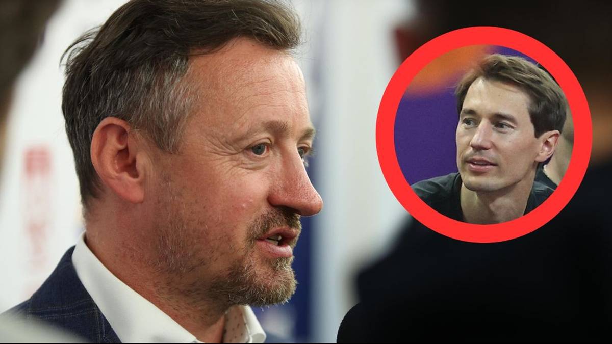 Adam Małysz, były skoczek narciarski, w profilu. W prawym górnym rogu w czerwonym okręgu widać twarz Kamila Stocha, skoczka narciarskiego.