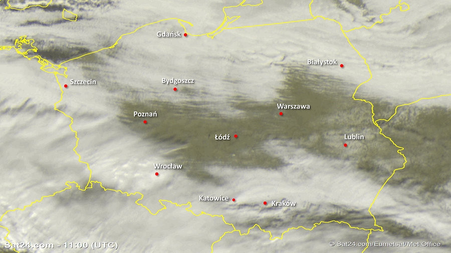 Zdjęcie satelitarne Polski w dniu 20 listopada 2018 o godzinie 12:00. Dane: Sat24.com / Eumetsat.