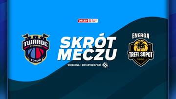 Logo Arriva Twarde Pierniki Toruń i Energa Trefl Sopot z napisem "SKRÓT MECZU".