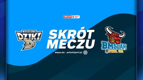 Logo drużyny Dziki Warszawa obok napisu 'SKR&Oacute;T MECZU' i logo drużyny BM Slam Stal Ostr&oacute;w Wielkopolski.