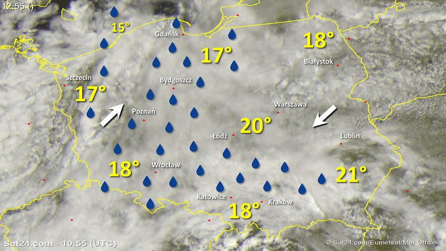 Zdjęcie satelitarne Polski w dniu 13 czerwca 2018 o godzinie 12:55. Dane: Sat24.com / Eumetsat.