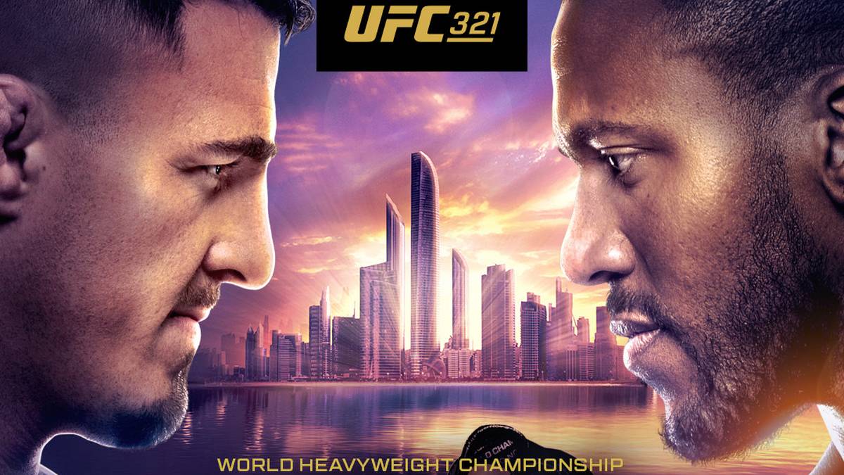 Dwie twarze mężczyzn patrzących na siebie, z logo UFC 321 i miejskim krajobrazem w tle.