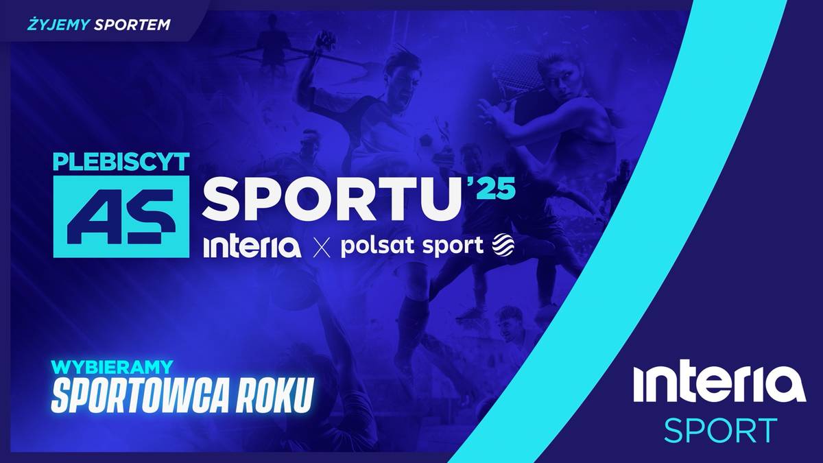 Grafika promocyjna plebiscytu "As Sportu '25" z logotypami Interia i Polsat Sport oraz sylwetkami sportowców.