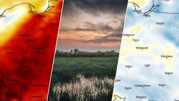 Fragmenty map synoptycznych pokazujące r&oacute;żne temperatury i opady, połączone z widokiem na zach&oacute;d słońca nad podmokłym terenem.