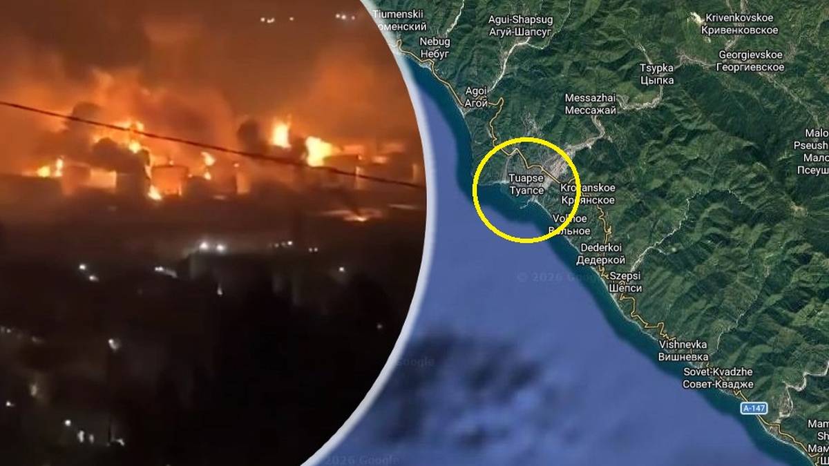 Pożar w rosyjskim porcie i mapa lokalizująca Tuapse.
