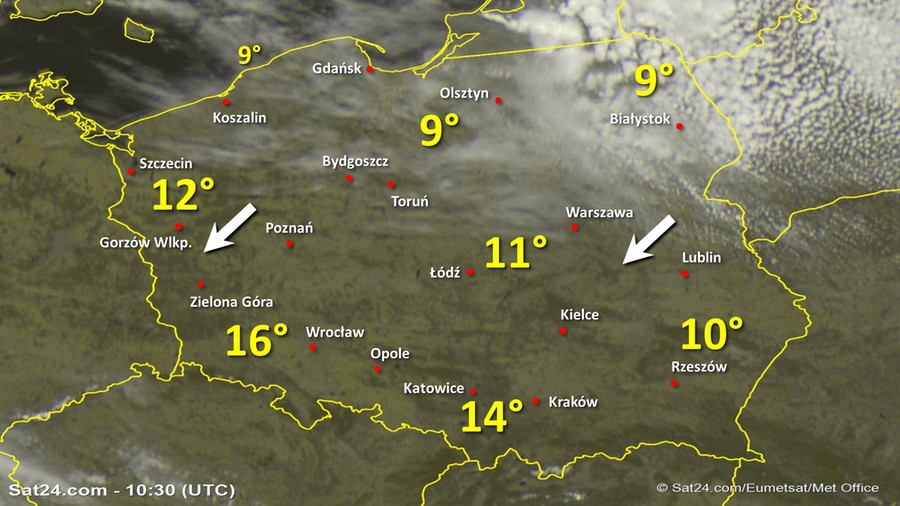 Zdjęcie satelitarne Polski w dniu 18 kwietnia 2020 o godzinie 12:30. Dane: Sat24.com / Eumetsat.
