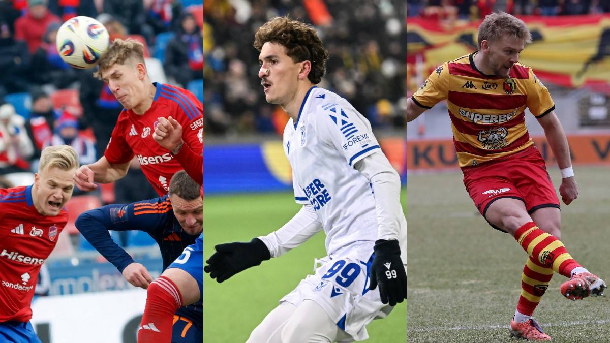 Trzy zdjęcia piłkarzy podczas mecz&oacute;w piłki nożnej, dw&oacute;ch w czerwonych strojach i jeden w białym, trzeci zawodnik w ż&oacute;łto-czerwonym stroju podczas strzału.