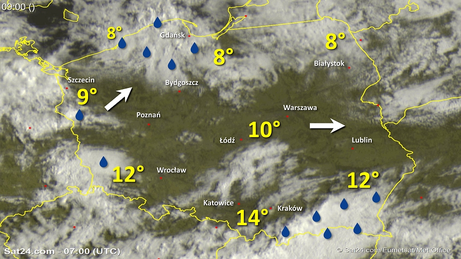 Zdjęcie satelitarne w dniu 26 kwietnia 2018 o godzinie 9:00. Dane: Sat24.com / Eumetsat.