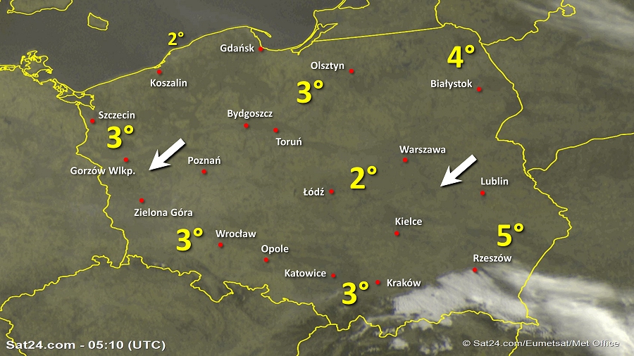 Zdjęcie satelitarne Polski w dniu 18 kwietnia 2019 o godzinie 7:10. Dane: Sat24.com / Eumetsat.