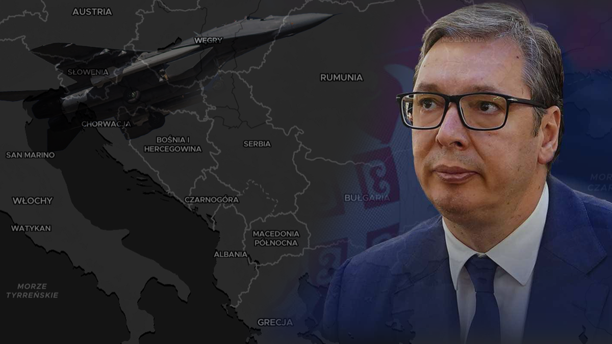 Portret Aleksandara Vučicia na tle mapy Europy Południowo-Wschodniej z sylwetką samolotu wojskowego.