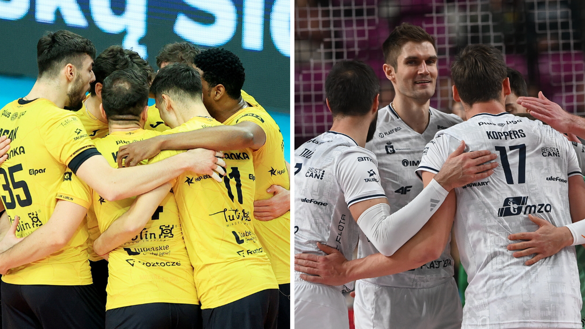 Drużyna siatkarzy w ż&oacute;łtych strojach przytulająca się, obok drużyna w białych strojach obejmująca się.
