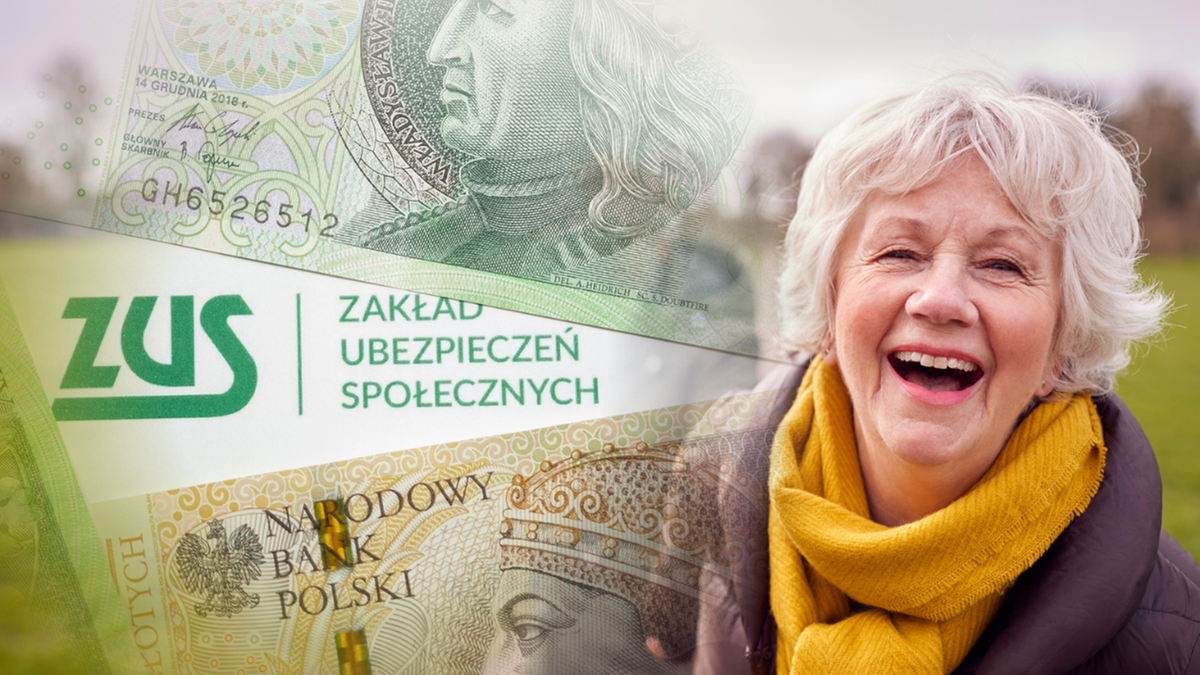 Uśmiechnięta starsza kobieta z żakietem i ż&oacute;łtym szalikiem na tle banknot&oacute;w i logo ZUS.