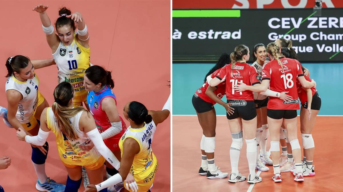 Dwie drużyny siatkarek świętujące zwycięstwo w meczach kwalifikacyjnych do Ligi Mistrzyń.