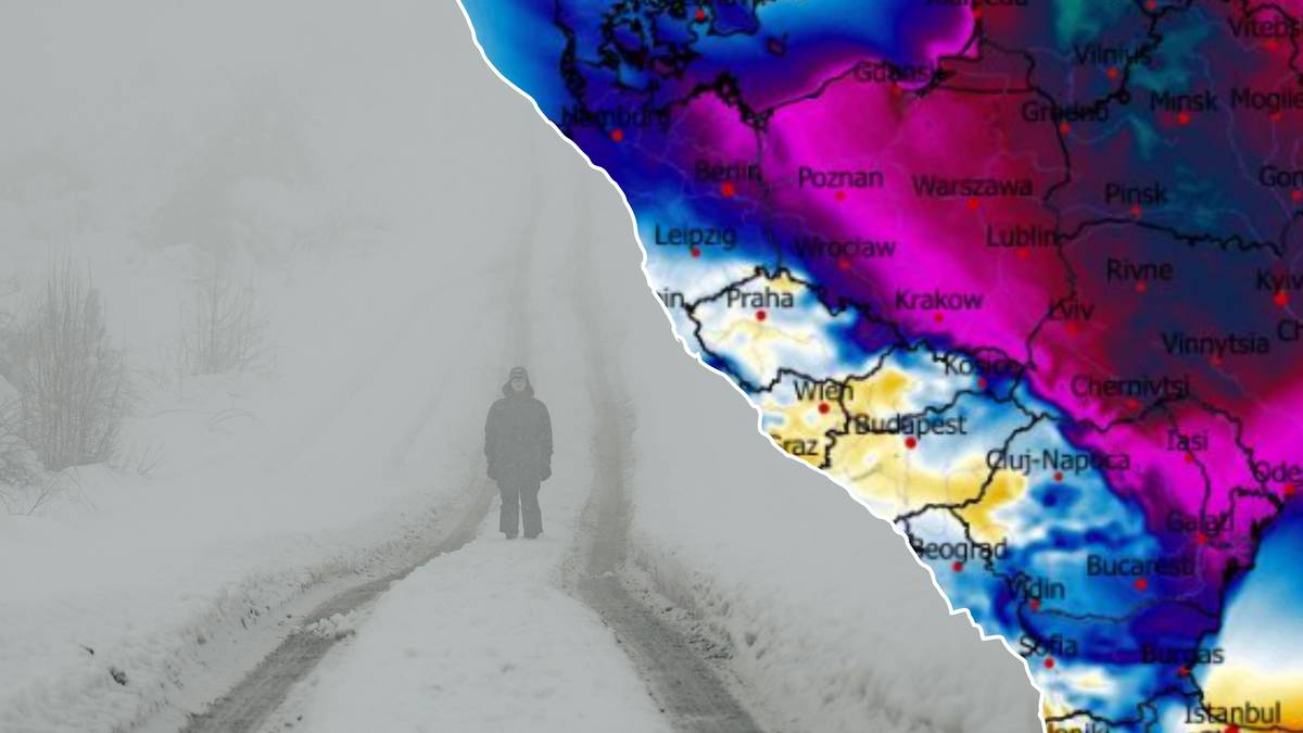 Mapa Europy z zaznaczonymi obszarami niskich temperatur w kolorach od niebieskiego po fioletowy, nakładająca się na zimowy krajobraz z samotną postacią idącą drogą pokrytą śniegiem.