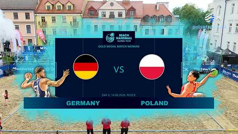 Wynik meczu finałowego w piłce ręcznej plażowej: Niemcy kontra Polska. Na ekranie widnieją flagi obu kraj&oacute;w, sylwetki zawodnik&oacute;w i nazwy państw.