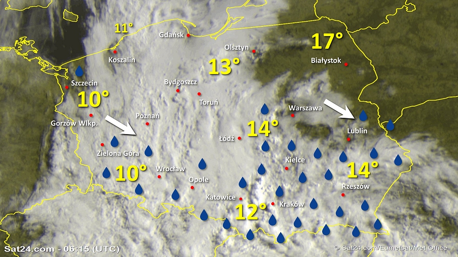 Zdjęcie satelitarne Polski w dniu 23 maja 2019 o godzinie 8:15. Dane: Sat24.com / Eumetsat.