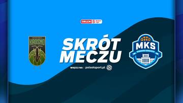 Logo MKS Dąbrowa G&oacute;rnicza obok tekstu "SKR&Oacute;T MECZU", z lewej strony logo Miasta Szkła Krosno.