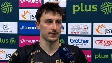 Portret mężczyzny, siatkarza Jastrzębskiego Węgla, na tle sponsor&oacute;w drużyny.