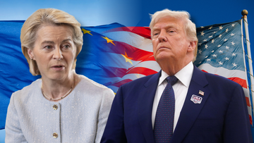 Ursula von der Leyen i Donald Trump na tle flag Unii Europejskiej i Stan&oacute;w Zjednoczonych.